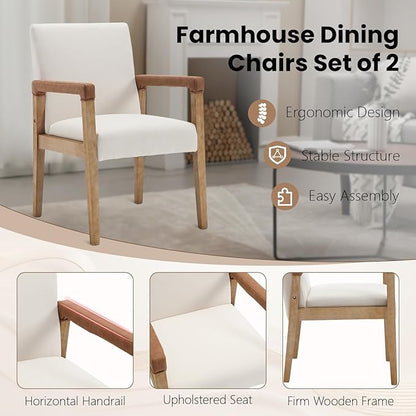 Kmax Modern Dining Chairs Set of 4 Linen Fabric Kitchen Arm Chairs Upholstered Accent Chairs with Wooden Legs for Dining Room, Living Room, Bedroom, White