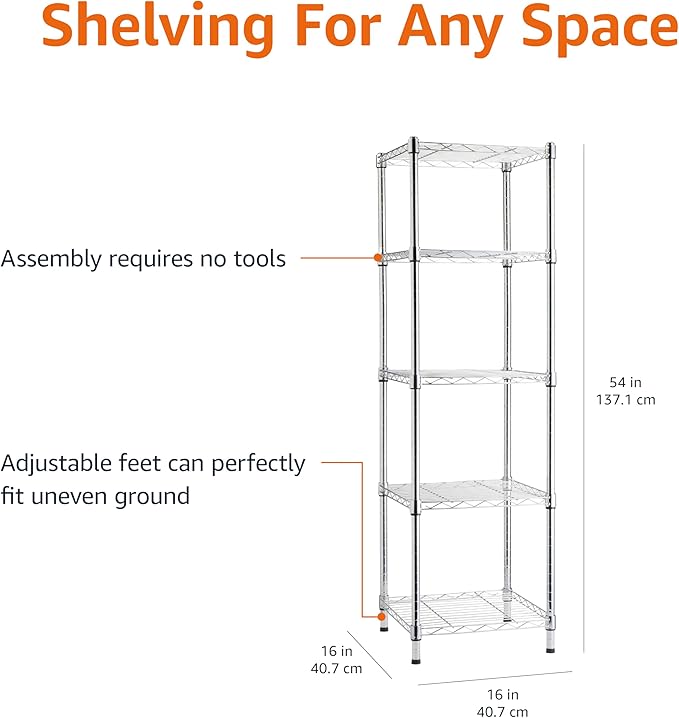 Amazon Basics 5-Shelf Tower Adjustable Storage Shelving Unit, Chrome, 16 D x 16 W x 54 H in