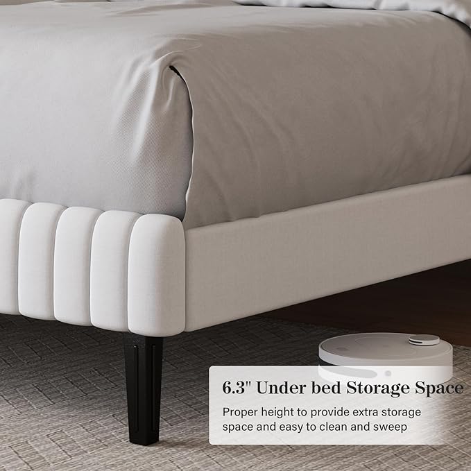Twin Bed Frame, Velvet Upholstered Platform Bed with Vertical Channel Tufted Headboard and Footboard, No Box Spring Required, Easy Assembly, White