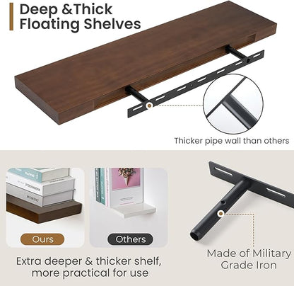Fun Memories Farmhouse Floating Shelves - 8 Inch Deep Rustic Wood Wall Shelf - Premium Solid Pine Wood Storage Shelf for Kitchen Living Room Bedroom - 30" W x 8" D - Set of 2 - American Walnut