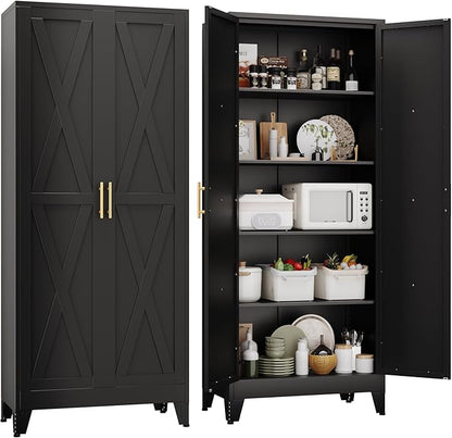 71" H Metal Kitchen Pantry Storage Cabinet, Freestanding Cupboard with 2 Doors and 4 Adjustable Shelves, Standing Storage for Kitchen, Bathroom, Garage, Dinning Room or Utility Room（Black）
