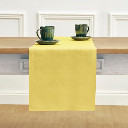 Solino Home Linen Sunshine Yellow Table Runner 60 Inches - 100% Pure Linen Farmhouse Short Table Runner 14 x 60 Inch Ideal for Dresser and Coffee Tables - Fete
