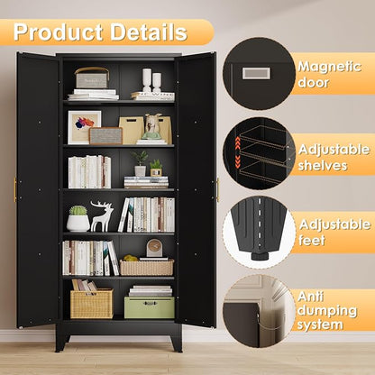 75" Tall Metal Kitchen Pantry Storage Cabinet, Freestanding Cupboard with 2 Doors and 5 Adjustable Shelves, Standing Storage for Kitchen, Bathroom, Garage, Dinning Room or Utility Room（Black）