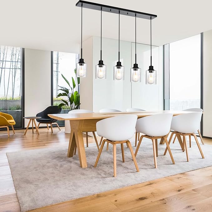 Black Chandelier 5 Light Dining Room Lighting Fixtures Hanging Linear Pendant Lights Industrial Modern Chandelier with Seeded Glass for Kitchen Island Living Room Bedroom Foyer Hall Entryway