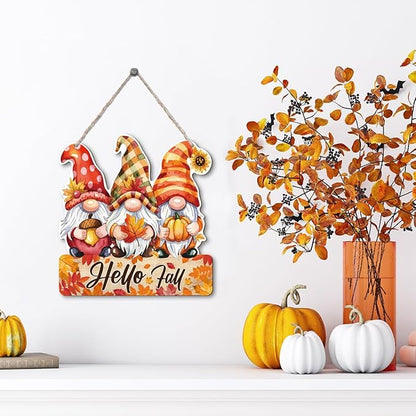 Hello Fall Wood Hanging Gnome Decoration, Autumn Wooden Signs, Rustic Thanksgiving Decoration, Home Interior And Exterior Decor, Autumn Harvest Thanksgiving Home Decor