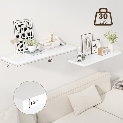 40" Floating Shelves for Wall, 12" Deep Slim White Floating Shelves, Wall-Mounted Shelves for Bedroom, Living Room, Kitchen, Bathroom - Set of 2