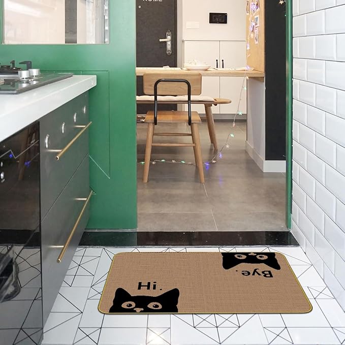 Mingnei Hi Bye Cat Welcome Doormat - Door Mat for Home Kitchen Entrance, Funny Black Cat Lover Floor Mat for Indoor/Outdoor Entryway Rug, 30x17 (Brown)