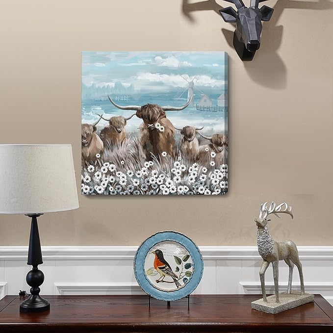 Canvas Wall Art Bathroom Coastal Boho Farmhouse Highland Cow Flower Picture Floral Artwork Rustic Country Landscape Longhorn Animal Painting for Living Room Bedroom Kitchen Décor Blue Brown Small