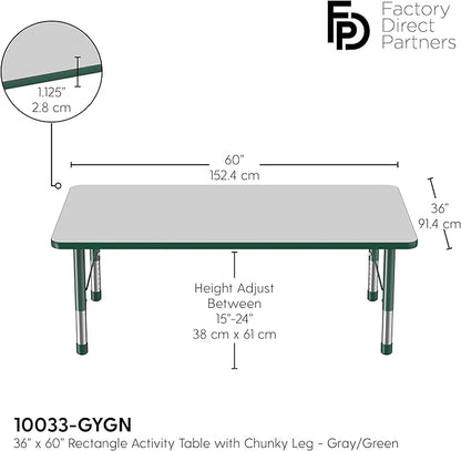 Factory Direct Partners FDP Rectangle Activity School and Classroom Kids Table (36 x 60 inch), Toddler Leg, Adjustable Height 15-24 inches - Gray Top and Green Edge