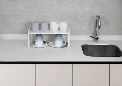 Nxconsu 2Pack Cabinet Shelves Stackable Shelf Organizer Rack Riser for Kitchen Cabinet Pantry Cupboard Counter Countertop Home Organization Storage Space Saver Heavy Duty Metal Nonslip White Wide