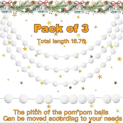 Jishi 3pk White Felt Pom Pom Garland Christmas Tree Decorations Indoor Home Decor, Cute Winter Wonderland Snow Ball Ornaments, Hanging String Pompom Snowball Beads, Xmas Holiday Birthday Party Banners