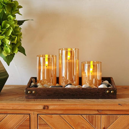 Homemory Amber Glass Flameless Candles, Battery Operated LED Pillar Candles with Remote Control and Timer, Radiance Candles, Real Wax, Set of 3,D3 xH4 5" 6"