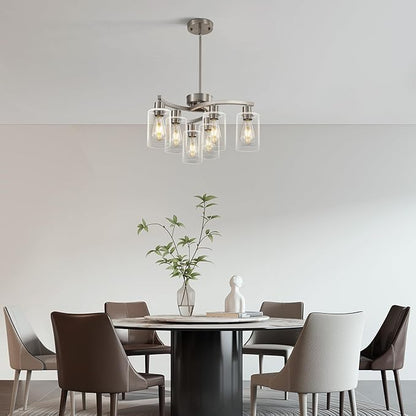 6 Light Modern Brushed Nickel Pendant Light Fixture For Dining Room，Contemporary Kitchen Light Fixtures Brushed Nickel，Adjustable Height Farmhouse Dining Chandeliers Over Table，With Glass Shade