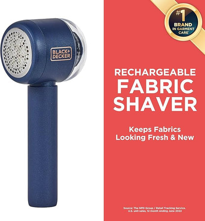 BLACK+DECKER Rechargeable USB-C Fabric & Garment Shaver – Large Capacity Lint Remover for Clothing and Upholstery, 6 Stainless Steel Blades