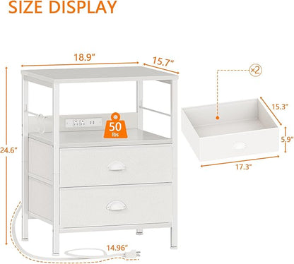 Furologee Night Stand with Charging Station, Bedside Table with Fabric Drawers, End Table with USB Ports & Outlets, White Nightstand with Storage Shelf & Hooks, for Living Room/Bedroom, White