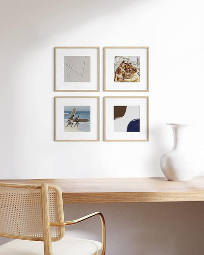 HAUS AND HUES Solid Oak Wood 12”x12” Picture Frames Matted to 8”x8” Set of 4-12x12 Standard Square Picture Frames, 12x12 Photo Gallery Wall Frame Set, 12x12 Frames with Mat (Beige Oak Frames)