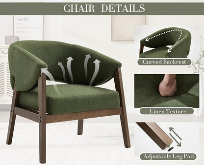 Mid-Century Modern Accent Chairs Set of 2, Comfy Barrel Armchairs with Wide Seat, Upholstered Lounge Chairs with Walnut Wood Legs for Living Room/Bedroom/Reading Corner, Linen Fabric, Deep Green