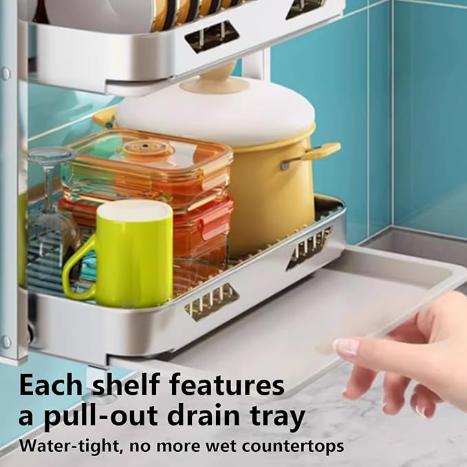 Dish Drying Rack with Drain Board - Rustproof Stainless Steel Dish Rack with Utensil Holder,Dish Racks for Kitchen Counter Over Sink,Over-Sink Drying Rack(Wall-Mounted,Third Floor)