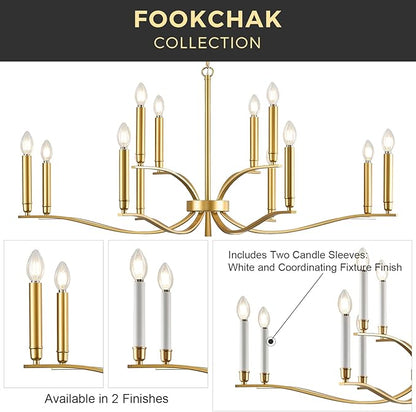 12 Light Gold Living Room Chandelier High Ceiling Foyer Candle Chandelier Large Modern Brass 44in Metal Chandeliers Hanging Light for Master Bedroom Dining Room Light Fixture Over Table