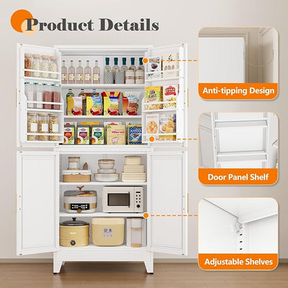 74.8" Tall Metal Food Cabinet, White Kitchen Pantry Cabinet, Storage Cabinets with 4 Door and 4 Adjustable Shelves, Steel Freestanding Cupboard for Kitchen Dining Room Living Room Bathroom