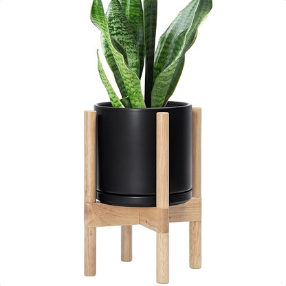 D'vine Dev Ceramic Planter with Natural Stand - 8 Inch Modern Round Flower Pot with Wood Planter Holder, Black, 55-B-N-2