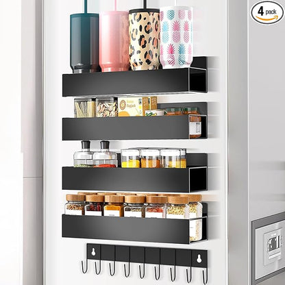 Magnetic Spice Rack Organizer for Fridge Seasoning Organizer for Kitchen storage with Screw or Adhesive Hanging,Magnetic Shelf with Hook for Refrigerator and Oven (Black, 5pack)