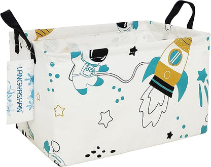 LANGYASHAN Rectangular Storage Bin Collapse Canvas Fabric Cartoon Storage Basket with Handles for Organizing Home Kitchen Boys and Girls Toys Office Closet Shelf Baskets (Rec space astronaut)