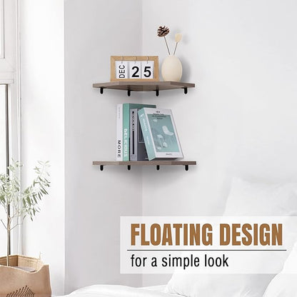 Corner Shelf Wall Mount, Corner Floating Shelves, Set of 4 Corner Wall Shelf Organizer, Rustic Wood Wall Storage Display Shelves for Living Room Bedroom Bathroom Kitchen, Rustic Grey