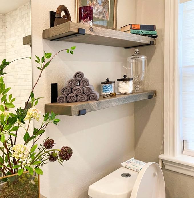 Rustic Shelves with J-Brackets Set of 2, Industrial Shelf, Kitchen Shelves, Solid Wood, Decorative Wall Storage, Heavy Duty, URBANDI (Grey, 24Wx10D)