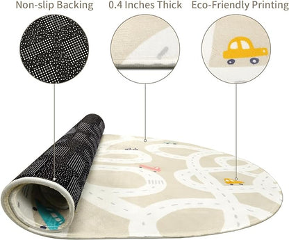 STARUIA Small Kids Rug for Kids Room, 3'x5' Washable Road Rug for Baby Nursery, Non-Slip Car Rugs for Playroom, Tan Traffic Play Mat Soft Fun Rugs for Boys Girls Dorm Toy Room Tent