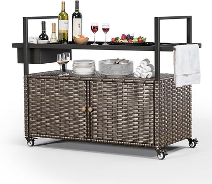 Outdoor Bar Cart with Storage Cabinet, Outdoor Grill Cart with Wheels, Rattan Bar Cart with Tempered Glass Tabletop, Outdoor Buffet Cabinet Table Cart for Mini Bar, BBQ, Food Serving, Brown Wicker
