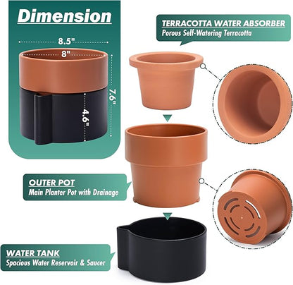 8 Inch Self-Watering Planter Pot with Terracotta Insert, Deep Water Reservoir, and Ceramic-Alike BPA-Free Plastic Planter Pot for Plant, Modern Planter for Houseplants, Black/Terracotta, 53-B-T-5