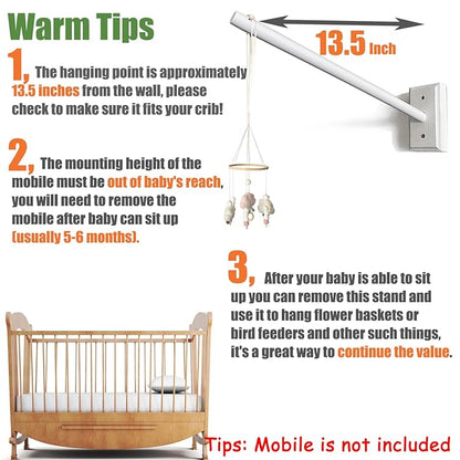 Crib Mobile Wooden Arm, Wall Mounted Suitable for All Cribs 100% Natural Larch Hanger Nusery Decor Baby Room Safe Holder(Mobile is not Included