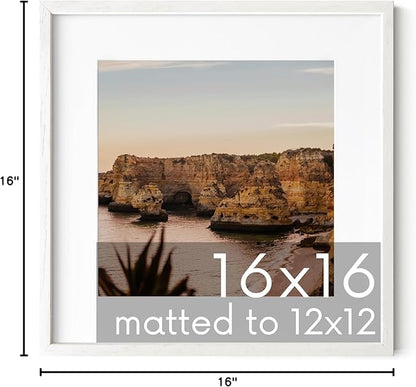 HAUS AND HUES Solid Oak 16”x16” Picture Frame Matted to 12”x12” - 16X16 Square Picture Frame with Mat for 12x12 Picture, White Wood Frame, 16 x 16 Frame with Mat for 12x12 Photo,16x16 Frame with Mat