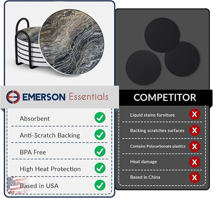 Emerson Coasters for Drinks Absorbent – Natural Stone Drink Coasters Set with Holder, Coasters for Coffee Table, Wooden Tabletop Protection Marble Style – 100% Heavy Duty Set of 6 (Graphite)