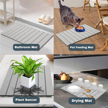Large Stone Dish Drying Mats for Kitchen Counter, Quick Dry Absorbent Collapsible Dish Drying Mat,Diatomaceous Earth Mats for Dishes Bottles Cups,Match Any Countertop,Grey 16 * 12inch