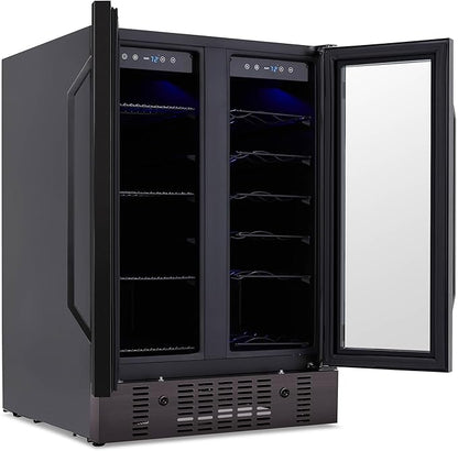 NewAir 24" Dual Zone Wine and Beverage Refrigerator, 18 Bottle & 58 Can, French Door Built-In Fridge with Lock, Black Stainless Steel Cooler, Digital Thermostat, Adjustable Shelves