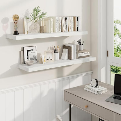 Fun Memories 40" Rustic Wood Floating Shelves with Invisible Brackets for Storage & Decor, Deep Wall Mounted Shelves for Bathroom, Kitchen, Living Room (White, Set of 2)