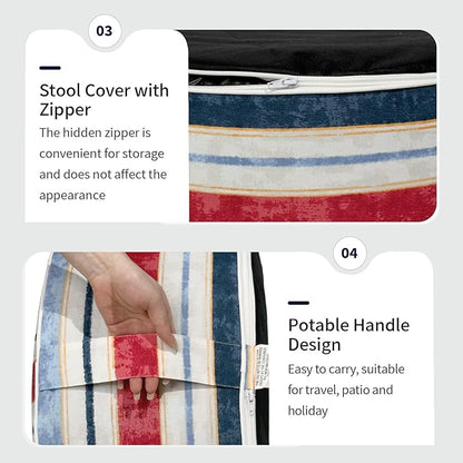 Inflatable Ottoman Stool D31 xH14 for Outdoor/Indoor Use, Water Repellent Patio Foot Rest Stool with Portable Handle,Round Pouf Ottoman Suitable for Garden,Deck and Camping - Stripe Red Blue