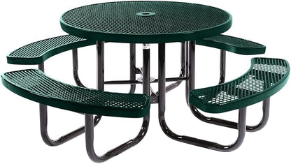 Heavy-Duty Portable Outdoor Picnic Table with Umbrella Hole, Expanded Metal Commercial-Grade Patio Dining Furniture Made in America (46" Round Top, Textured Dark Green)