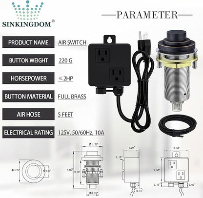SinkTop Air Switch Kit (Long Full Brass Button) for Disposal, Dual Outlet, (Oil Rubbed Bronze)