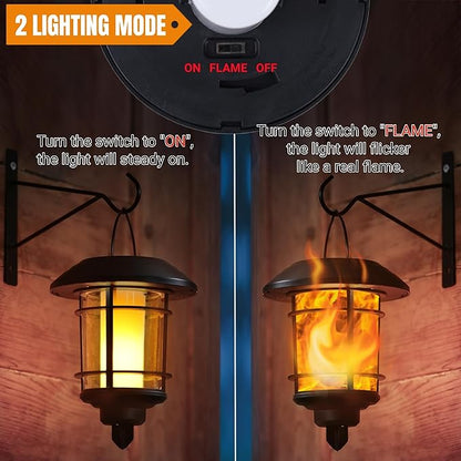 Dynaming Solar Flame Wall Lanterns, Outdoor Solar Wall Hanging Lights, Flickering Flame LED Lights Auto On/Off Wall Mounted Sconce Lights with Hooks, Waterproof for Garage Stair Patio Porch, 2 Pack