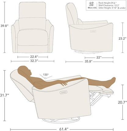CHITA Power Recliner Chair Swivel Glider, FSC Certified Upholstered Faux Leather Living Room Nursery Reclining Sofa Chair with Lumbar Support, White