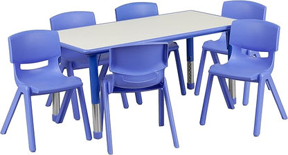 Flash Furniture Emmy Adjustable Classroom Activity Table with 6 Stackable Chairs, Plastic Activity Table for Kids, 23.625" W x 47.25" L, Blue/Gray