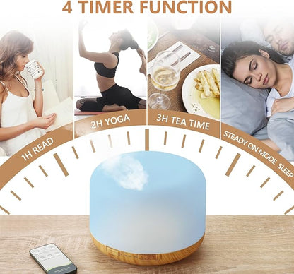 Oil Diffuser, 500ml Essential Oil Diffusers with 2 Mist Mode 4 Timers＆7 Ambient Light Waterless Auto Off, Diffusers Large Room Home Office