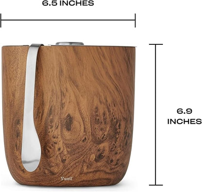 S’well Stainless Steel Ice Bucket with Tongs, 68oz Capacity, Teakwood Finish, Triple-Layer Vacuum Insulated to Keep Ice Colder Longer, BPA-Free Barware