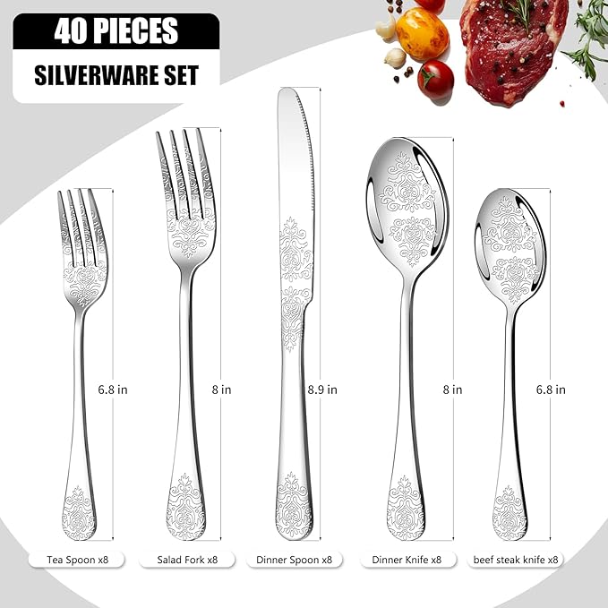 40 Pcs Silverware Set for 8 with Classical Flower Embossed Design, Food Grade Stainless Steel Flatware Set, Eating Utensils Sets Include Fork/Knife/Spoon, Reusable Cutlery Set, Dishwasher Safe