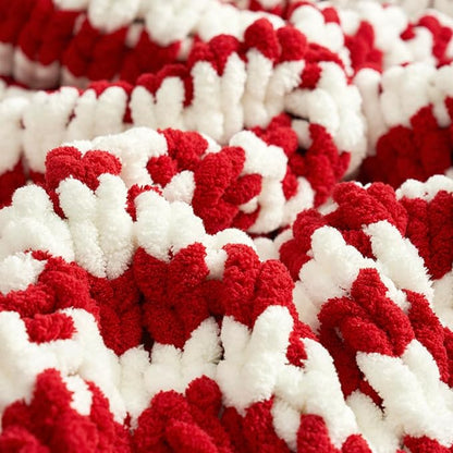 Amélie Home Chunky Knit Blanket Throw, Thick Soft Yarn Chunky Throw 50x60, Handmade Chenille Cable Knitted Crochet Throw Blanket, Warm Rope Knot Blanket for Couch Bed Sofa, Red White Stripe