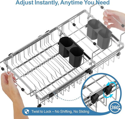 GSlife Expandable in Sink Dish Drying Rack - Capacity Adjustable Stainless Steel Over The Sink Dish Drainer with 2 Cup Holder and Utensil Holder for Kitchen Sink, 10.8"~17.9" L x 14.2" W, Silver