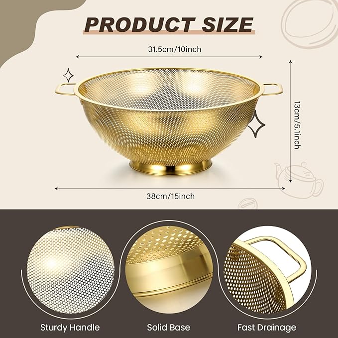 Norme 7 Quart Stainless Steel Gold Colander and 3 Pcs Gold Fine Mesh Strainer, Stainless Steel Pasta Rice Food Metal Strainer with Handles, Easy Clean and Dishwasher Safe